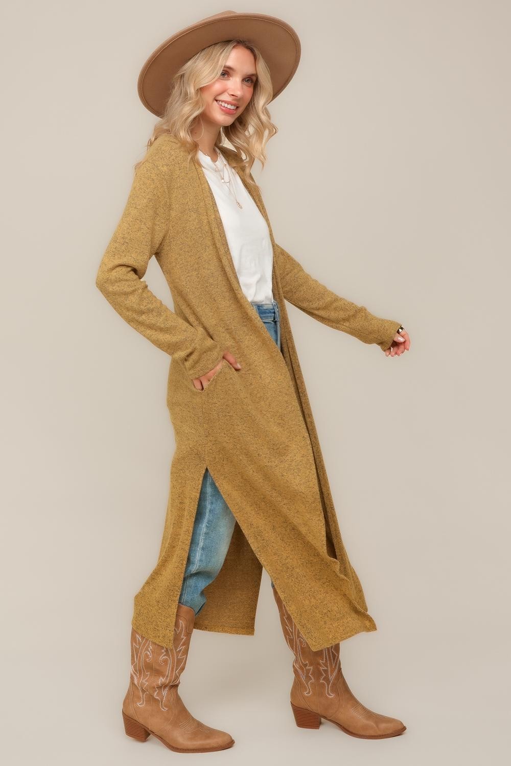 TWO TONE HACCI OPEN CARDIGAN WITH SIDE SLITS