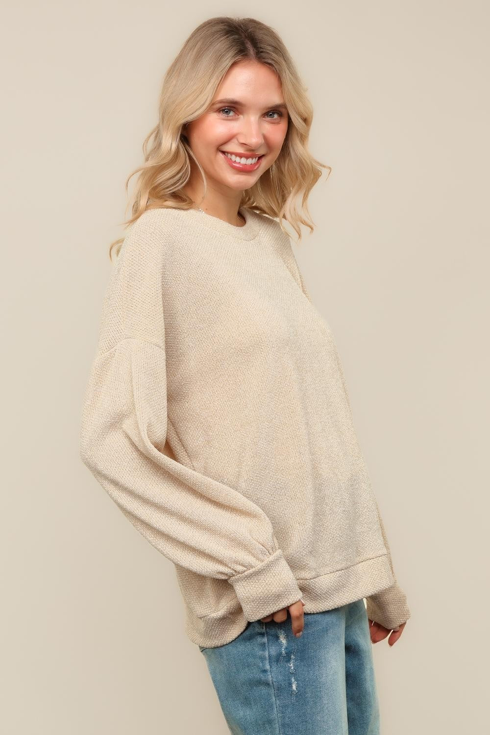 PLUS BUBBLE LONG SLEEVE TWO TONE SWEATER KNIT TOP