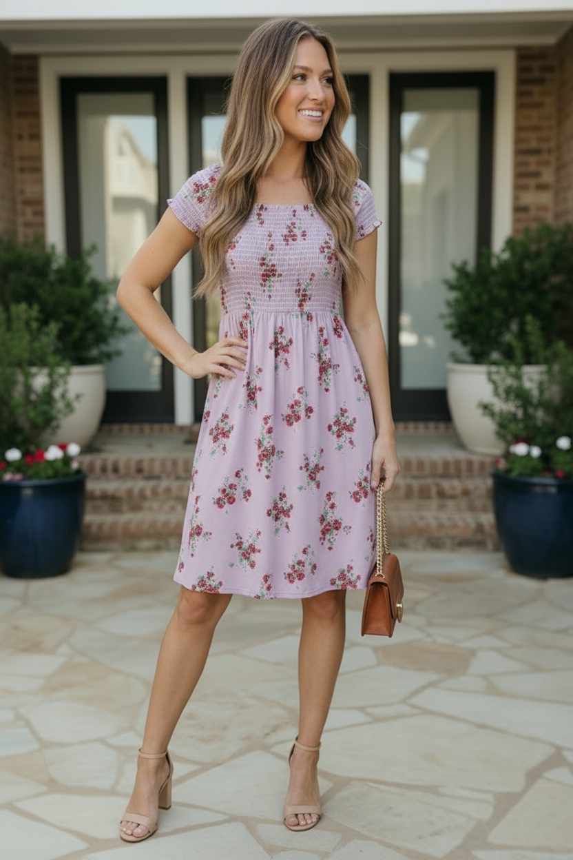 Lilac Smocked Panel Floral Dress