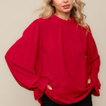 PLUS MOCK NECK BUBBLE LONG SLEEVE WOVEN TOP