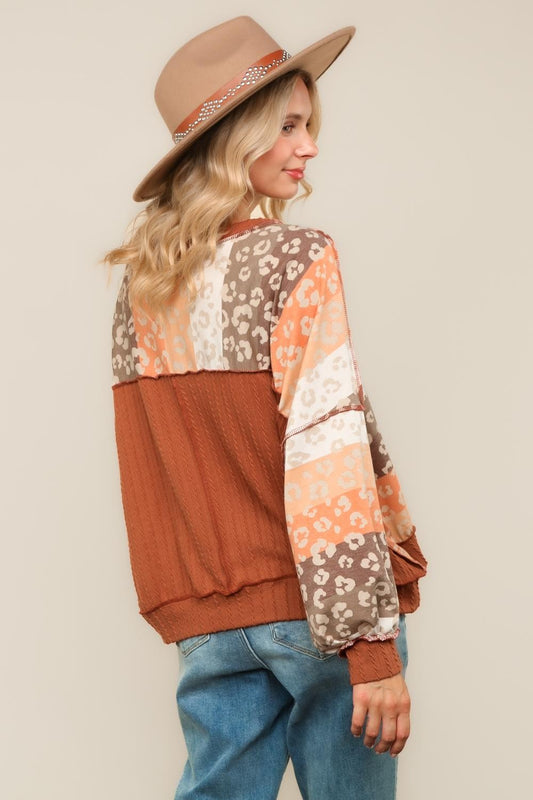 PLUS CREW NECK COLOR BLOCK PULLOVER KNIT TOP