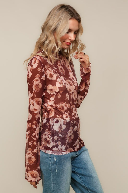 FLORAL MESH TOP W/FRILLED MERROW HEM