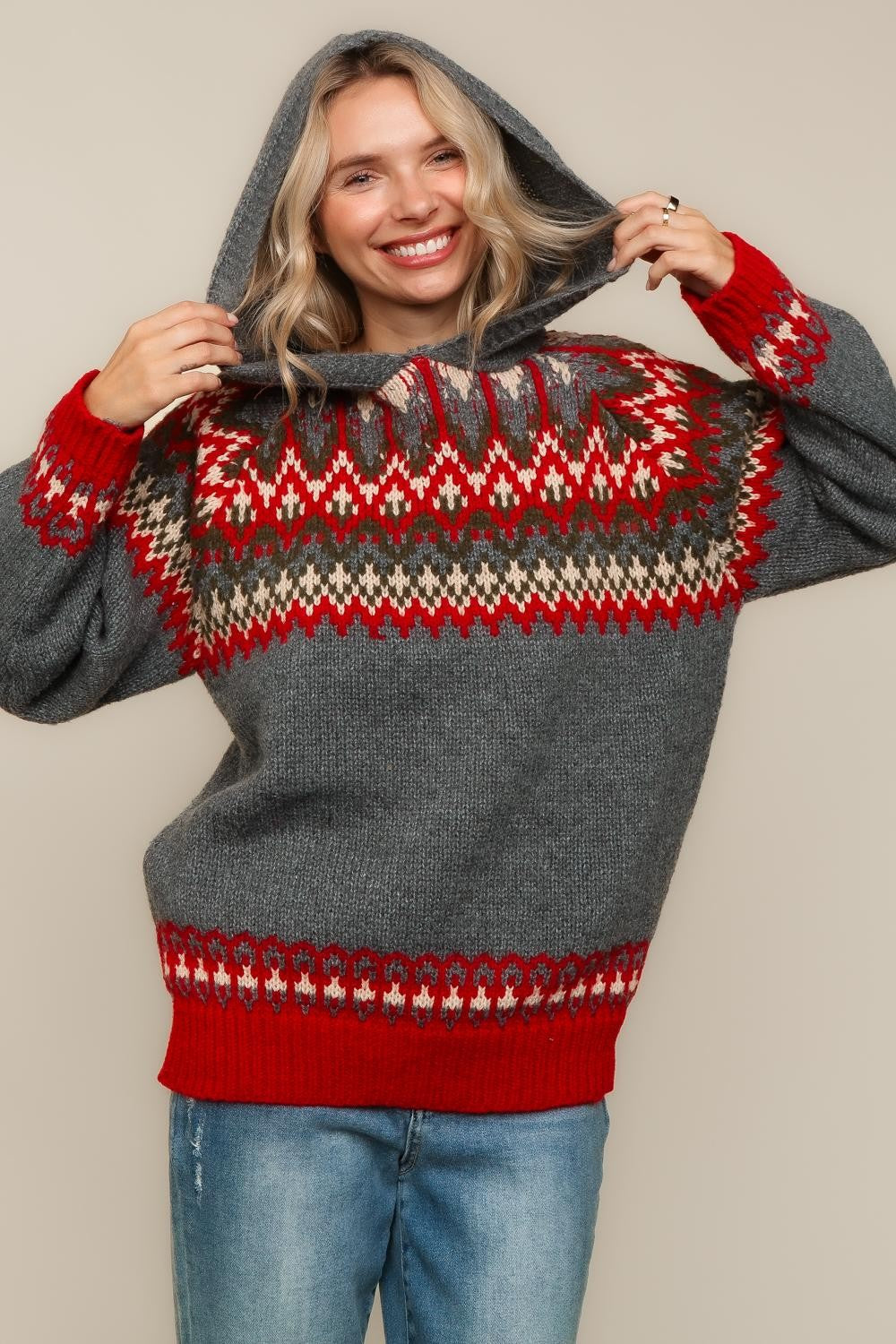 JACQUARD PULLOVER SWEATER KNIT TOP WITH HOODIE