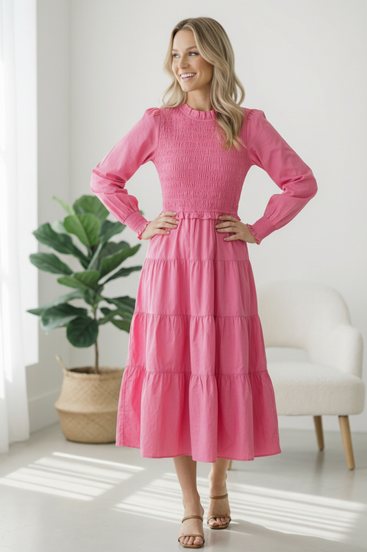 Candy Pink Tiered Smocking Dress