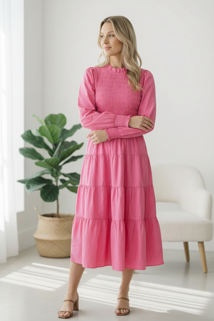 Candy Pink Tiered Smocking Dress