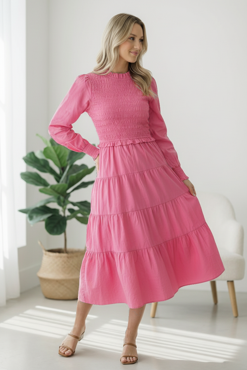 Candy Pink Tiered Smocking Dress