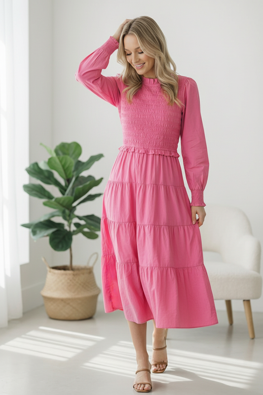 Candy Pink Tiered Smocking Dress