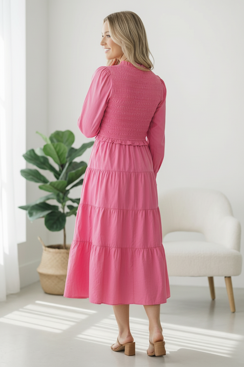 Candy Pink Tiered Smocking Dress