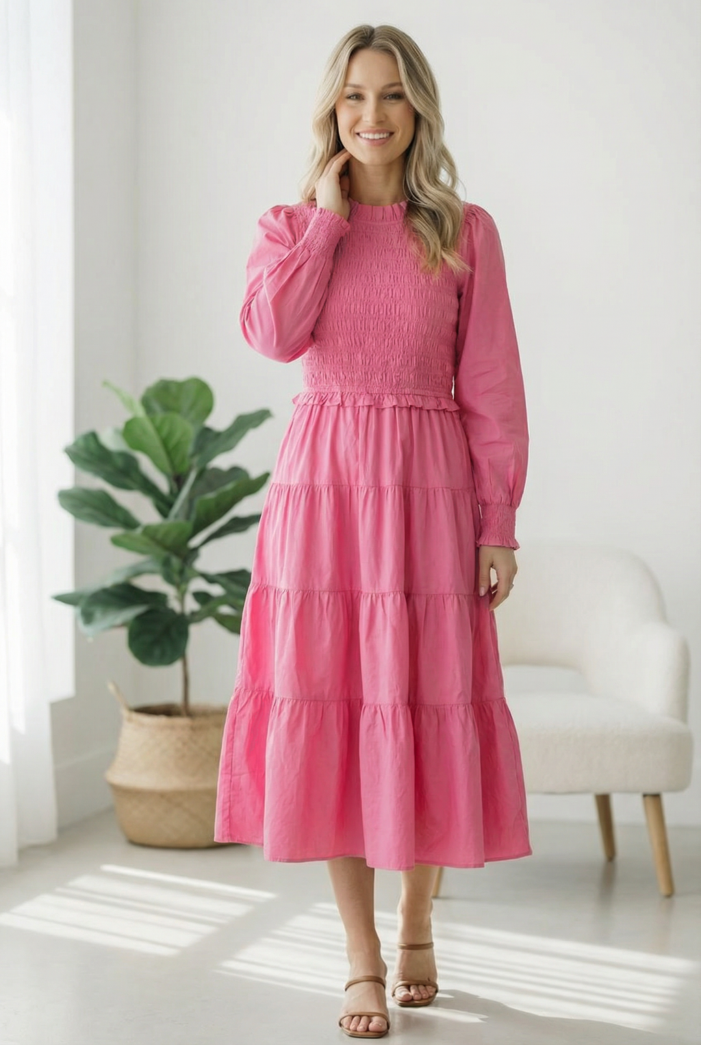Candy Pink Tiered Smocking Dress