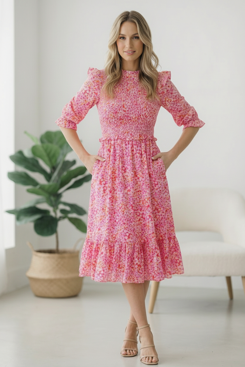 Pink Floral Ditsy Flutter Dress