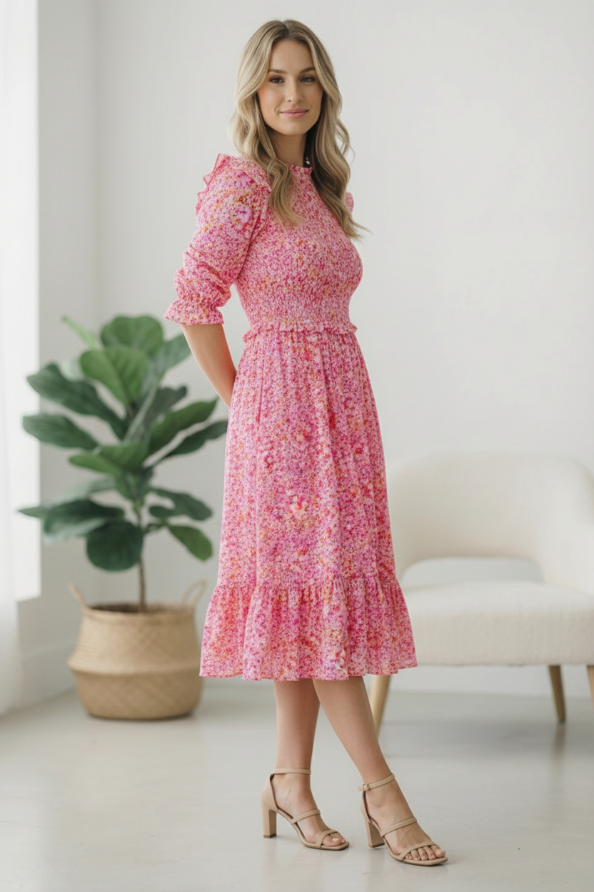 Pink Floral Ditsy Flutter Dress