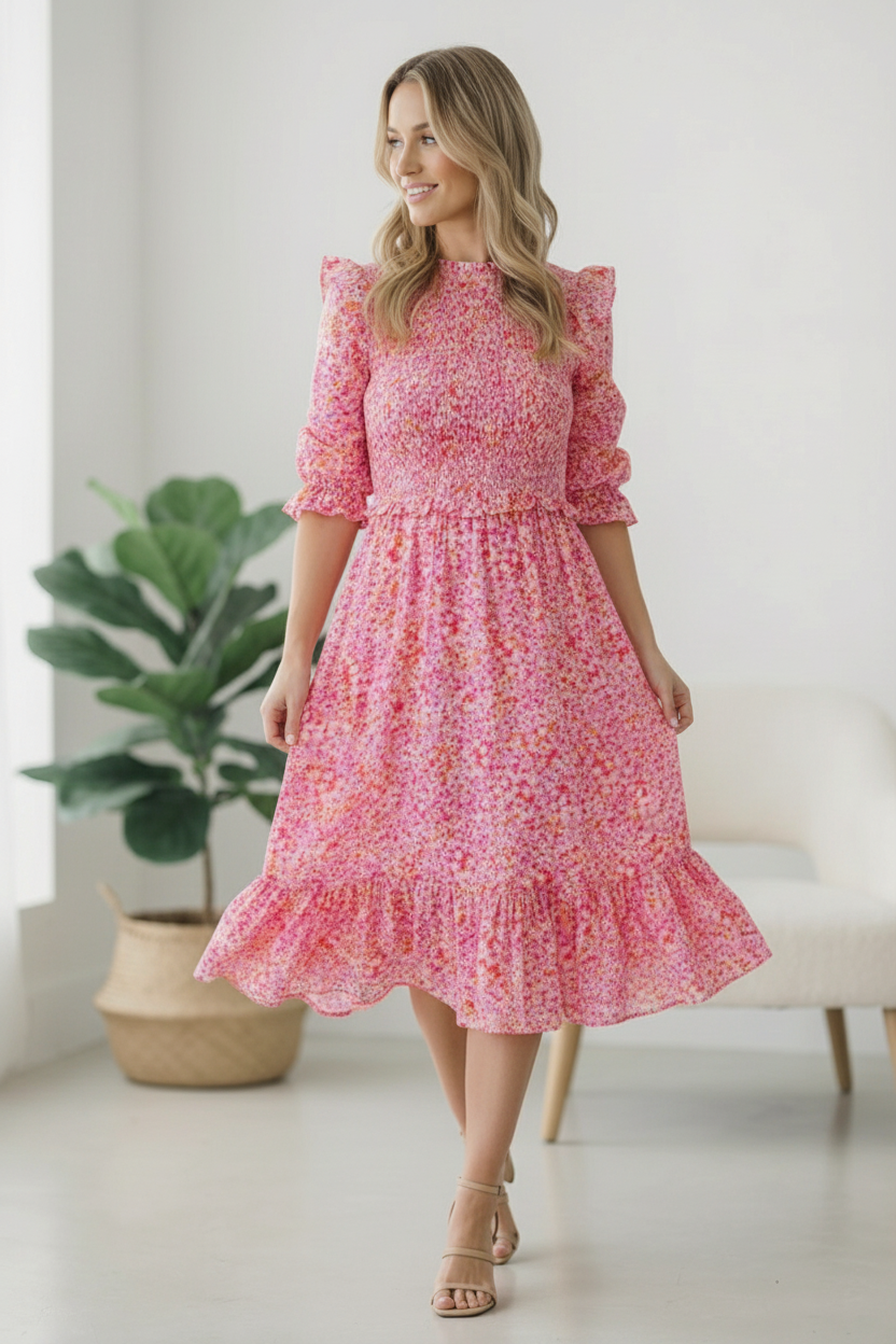 Pink Floral Ditsy Flutter Dress