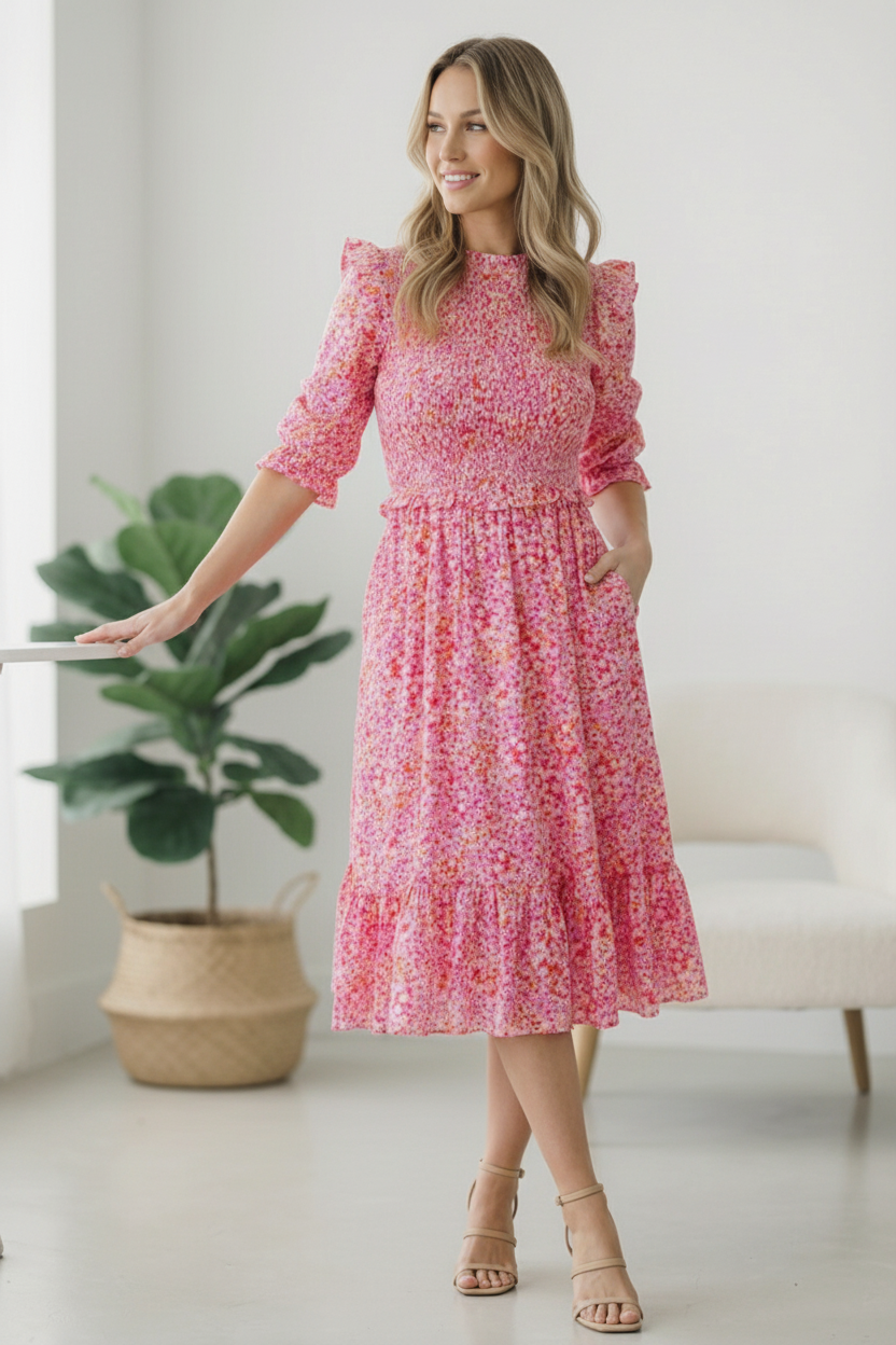 Pink Floral Ditsy Flutter Dress