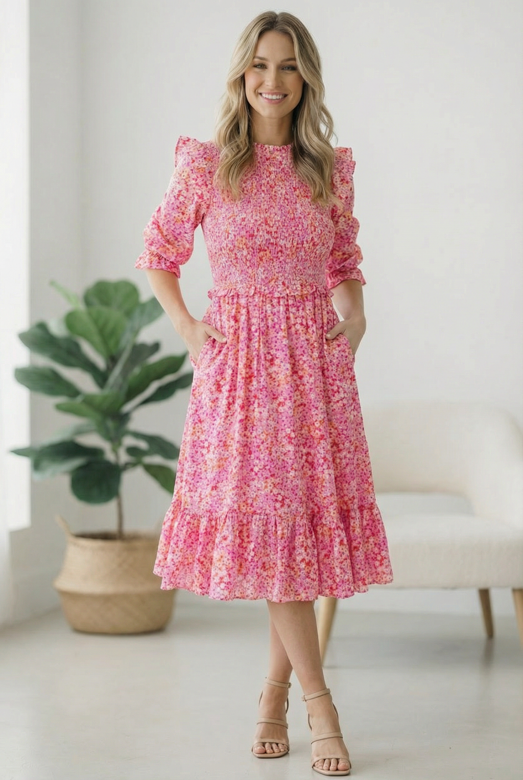 Pink Floral Ditsy Flutter Dress