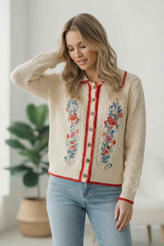 COLLARED BUTTON DOWN LONG SLEEVE FLORAL EMBROIDERY TEXTURED PATTERN SWEATER CARDIGAN