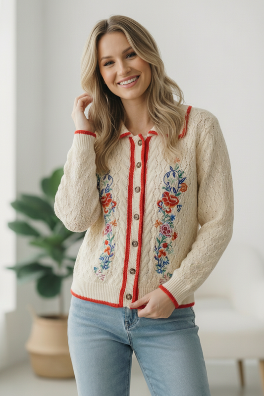 COLLARED BUTTON DOWN LONG SLEEVE FLORAL EMBROIDERY TEXTURED PATTERN SWEATER CARDIGAN