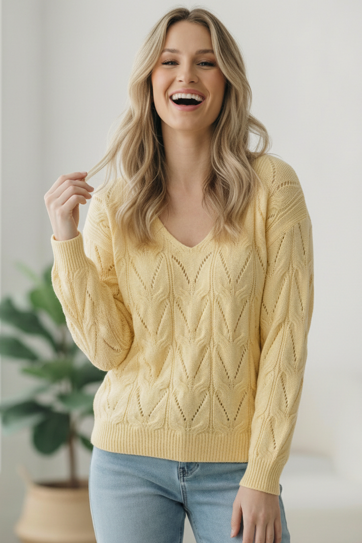 PLUS VANILLA V NECK LONG SLEEVE PATTERNED SOLID SWEATER KNIT TOP