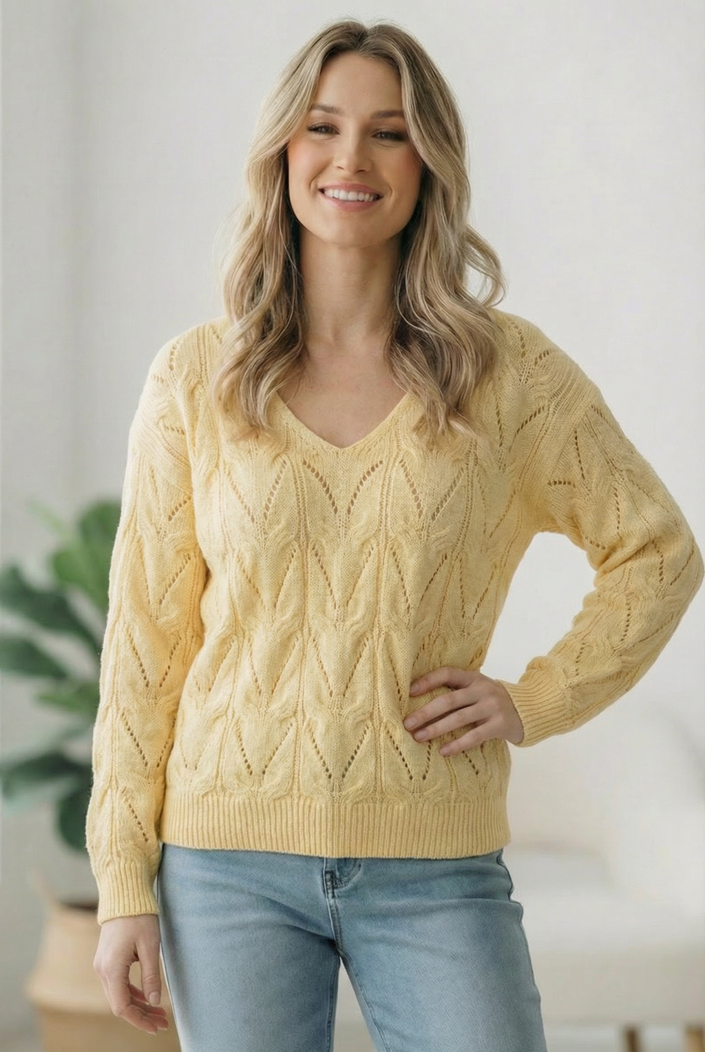 PLUS VANILLA V NECK LONG SLEEVE PATTERNED SOLID SWEATER KNIT TOP