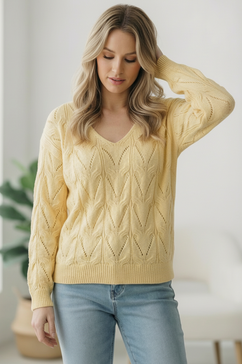 VANILLA V NECK LONG SLEEVE PATTERNED SOLID SWEATER KNIT TOP
