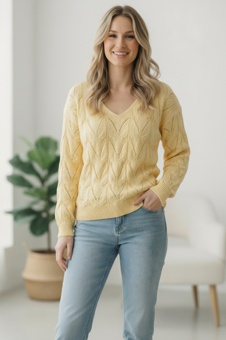 VANILLA V NECK LONG SLEEVE PATTERNED SOLID SWEATER KNIT TOP