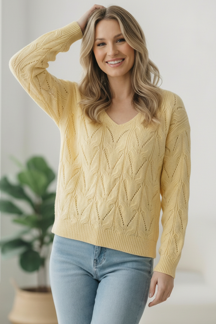 VANILLA V NECK LONG SLEEVE PATTERNED SOLID SWEATER KNIT TOP
