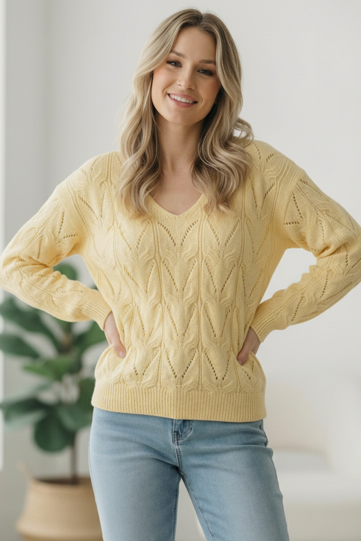 VANILLA V NECK LONG SLEEVE PATTERNED SOLID SWEATER KNIT TOP
