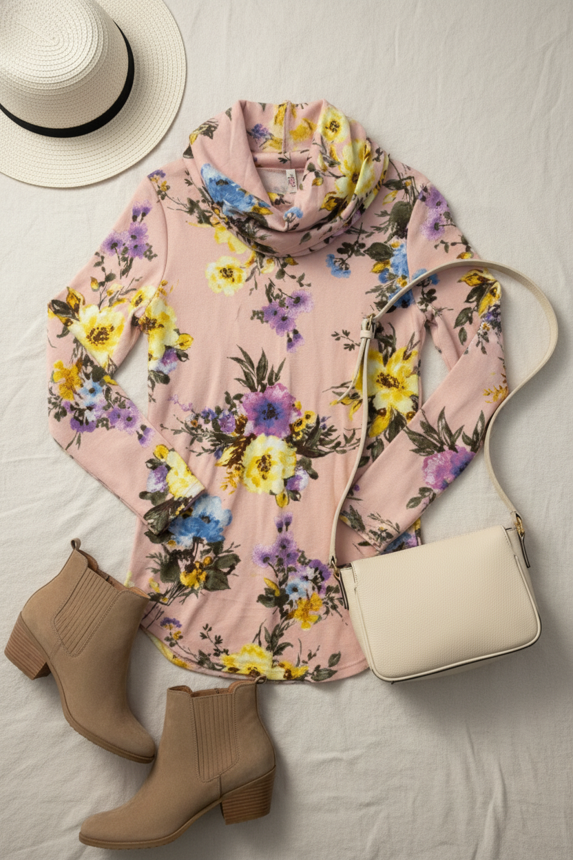 Blush Floral Cowl Neck Sweater