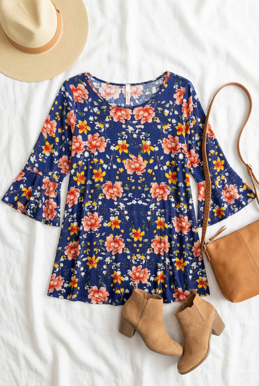 Navy Floral Woven Top