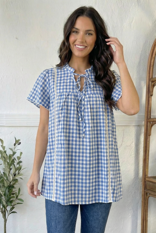 Blue Plaid Crochet Inset Blouse