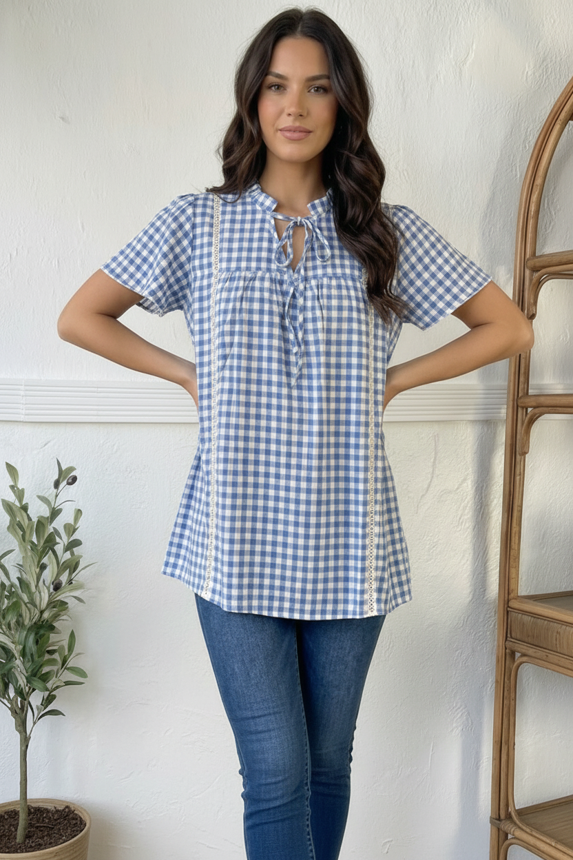Blue Plaid Crochet Inset Blouse