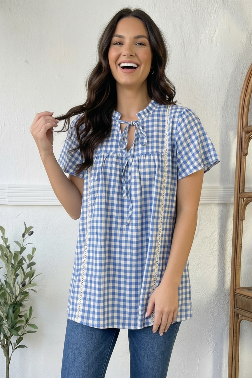 Blue Plaid Crochet Inset Blouse