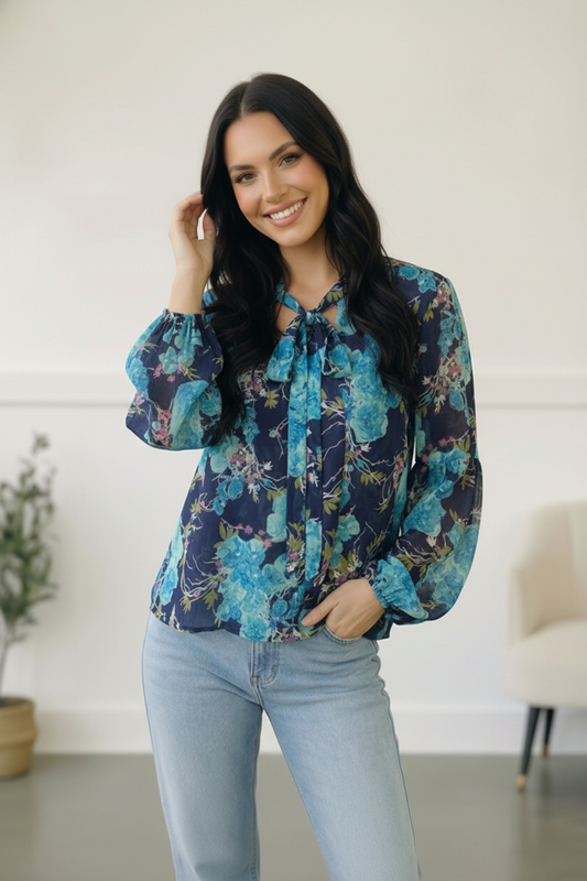 Navy Floral Sheer Blouse