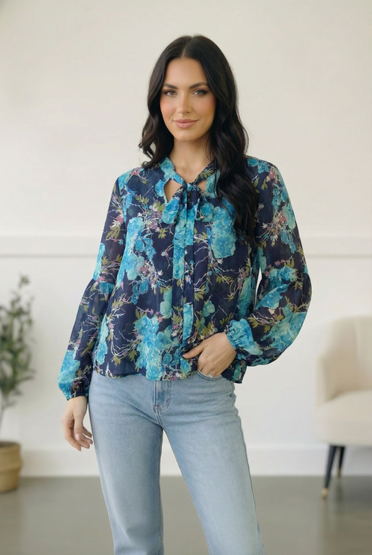 Navy Floral Sheer Blouse