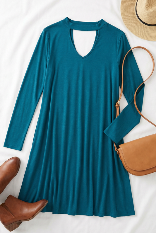 Teal Keyhole L/S Dress