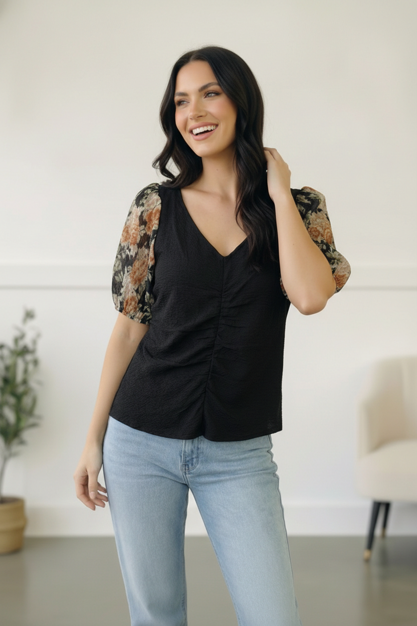 Black Floral Puff Sleeve Top