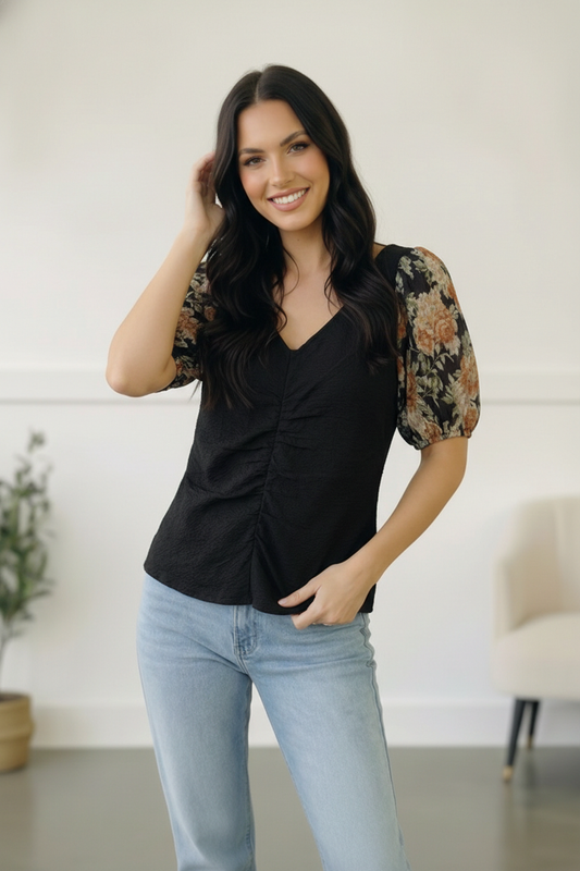 Plus Black Floral Puff Sleeve Top
