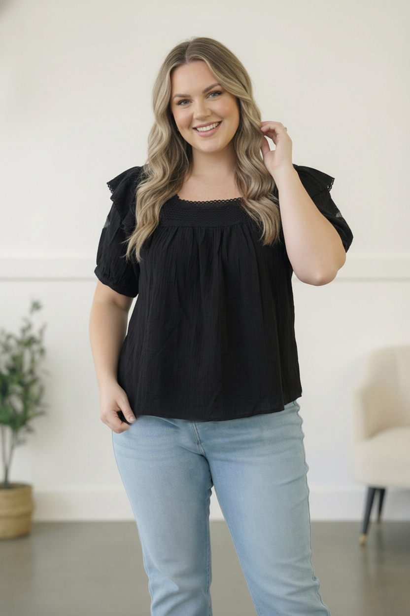 Plus Black Crochet Embellished Cotton Top