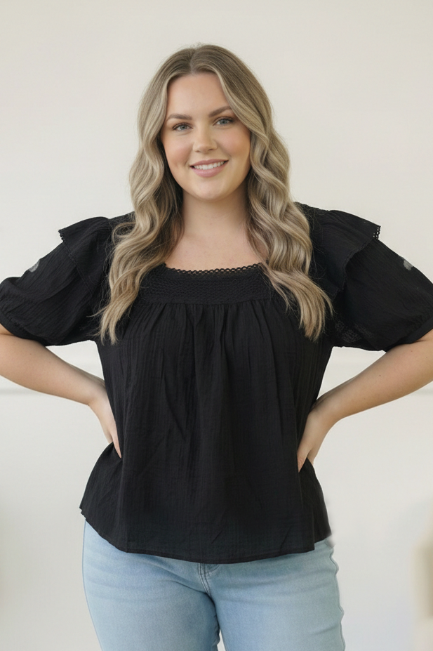 Plus Black Crochet Embellished Cotton Top