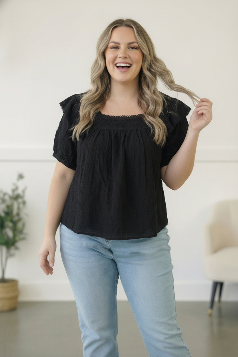 Plus Black Crochet Embellished Cotton Top