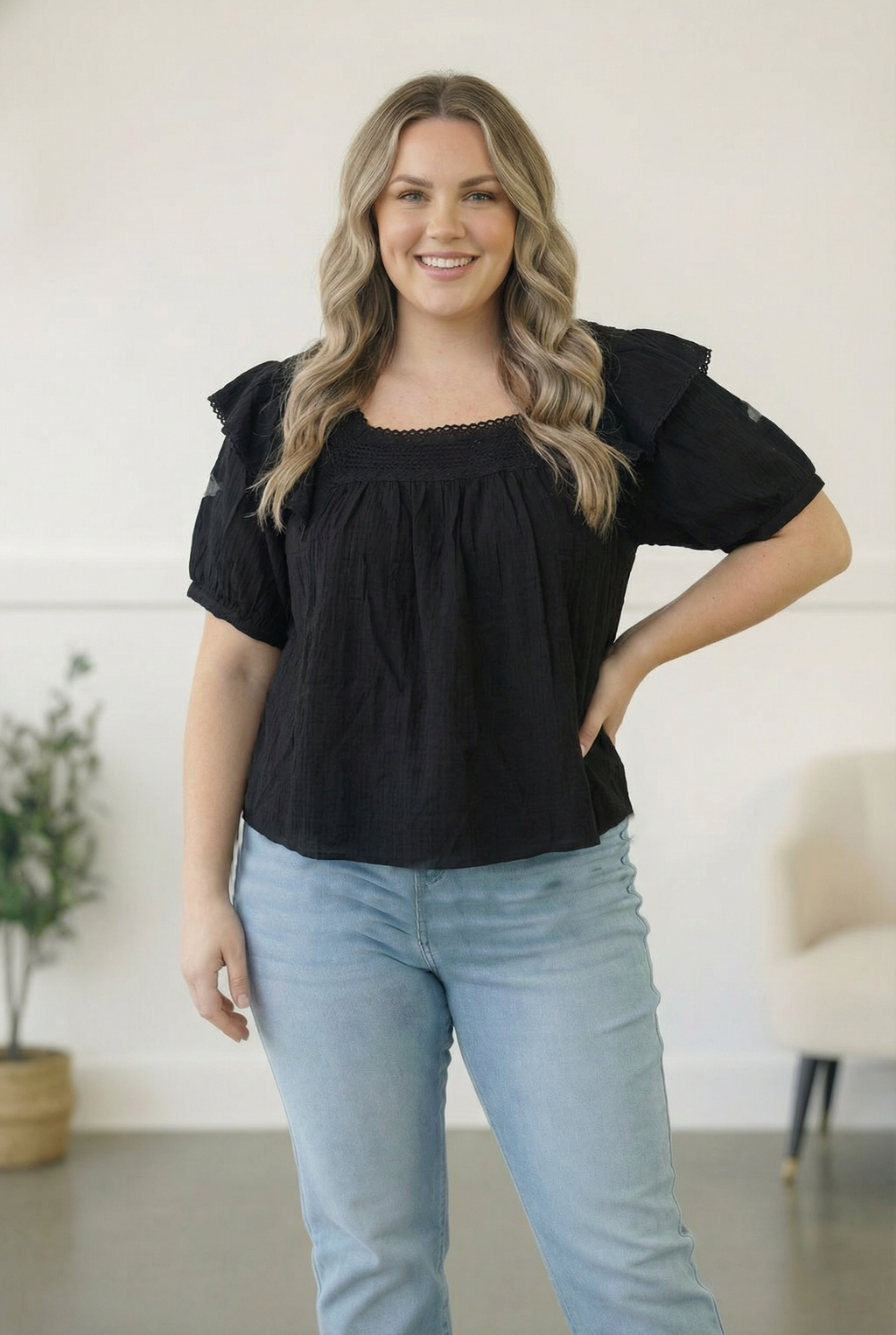 Plus Black Crochet Embellished Cotton Top