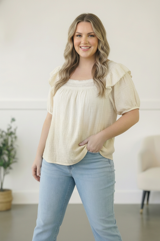 Plus Ivory Crochet Embellished Cotton Top