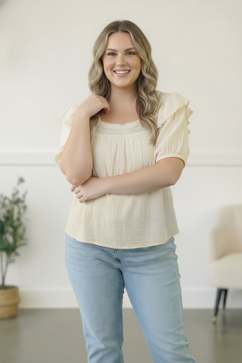 Plus Ivory Crochet Embellished Cotton Top