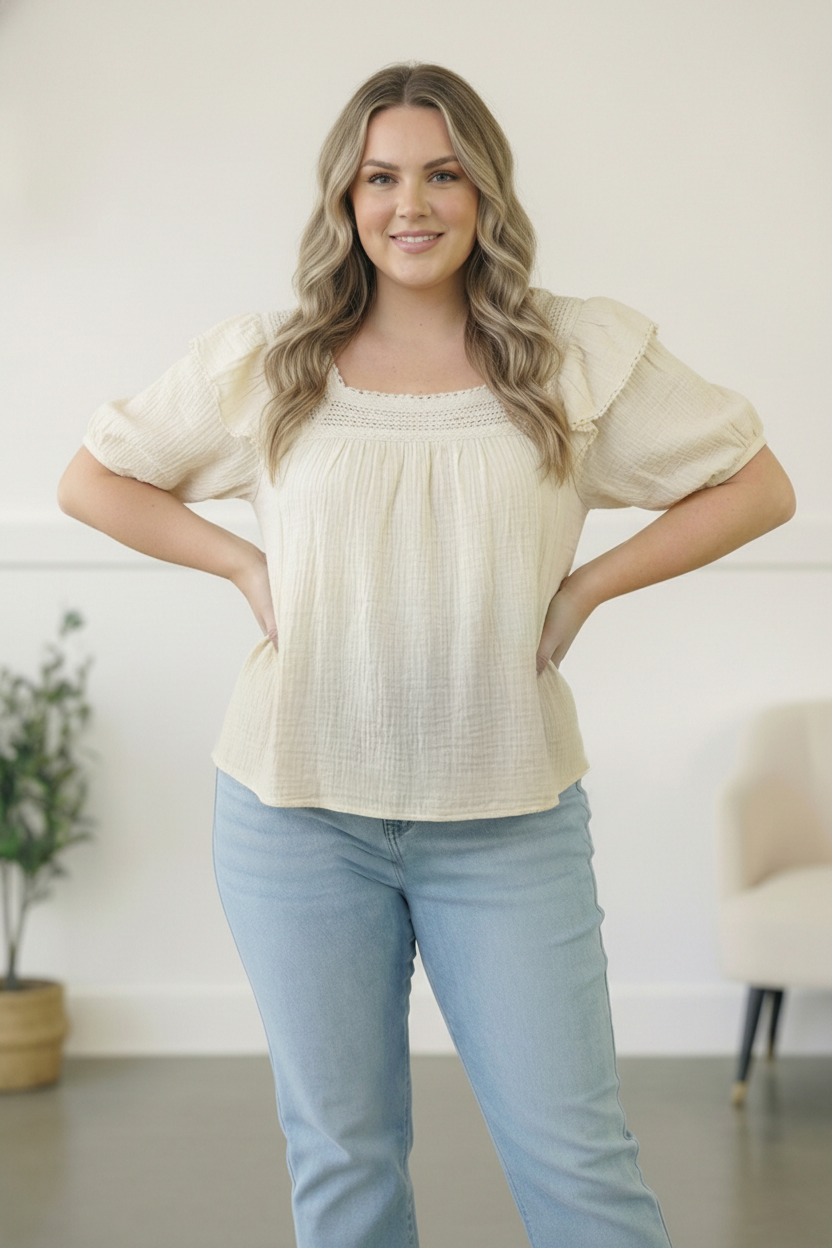 Plus Ivory Crochet Embellished Cotton Top