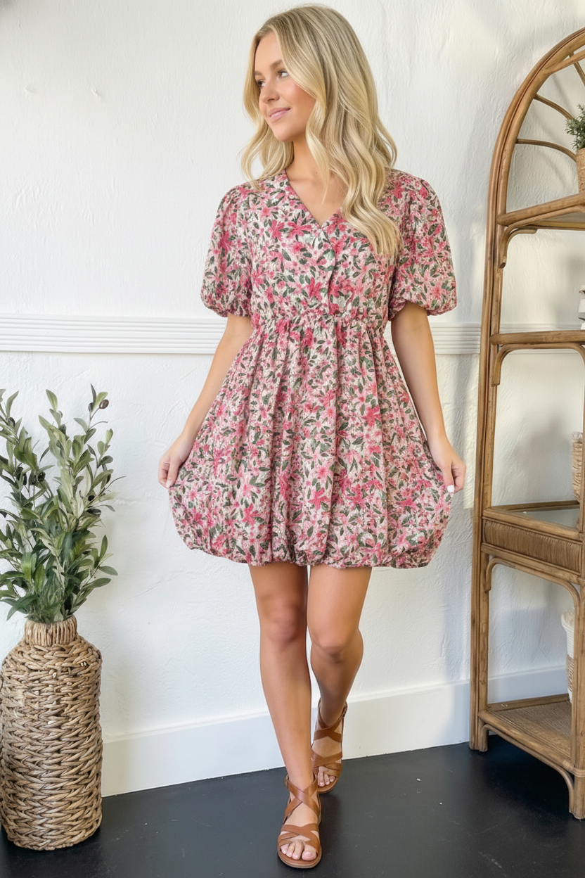 Plus Pink Floral Woven Bubble Design Cotton Dress