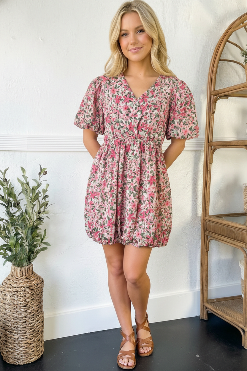 Plus Pink Floral Woven Bubble Design Cotton Dress