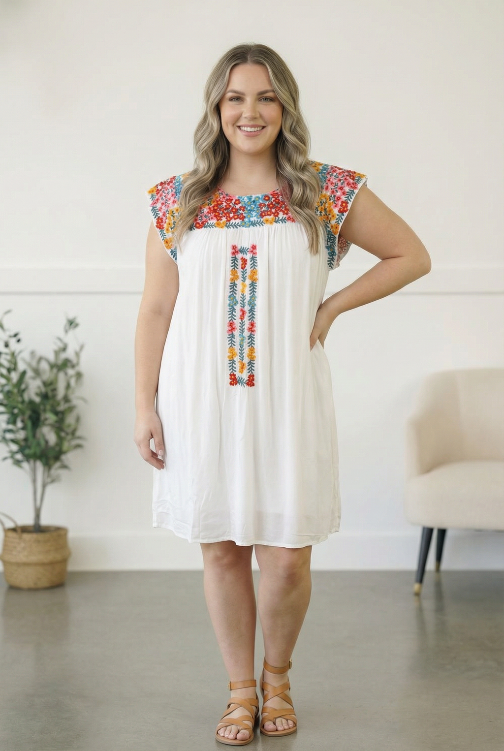Plus Lined Ivory Embroidered Dress