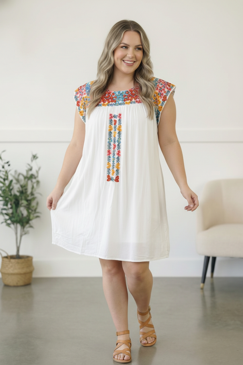 Plus Lined Ivory Embroidered Dress