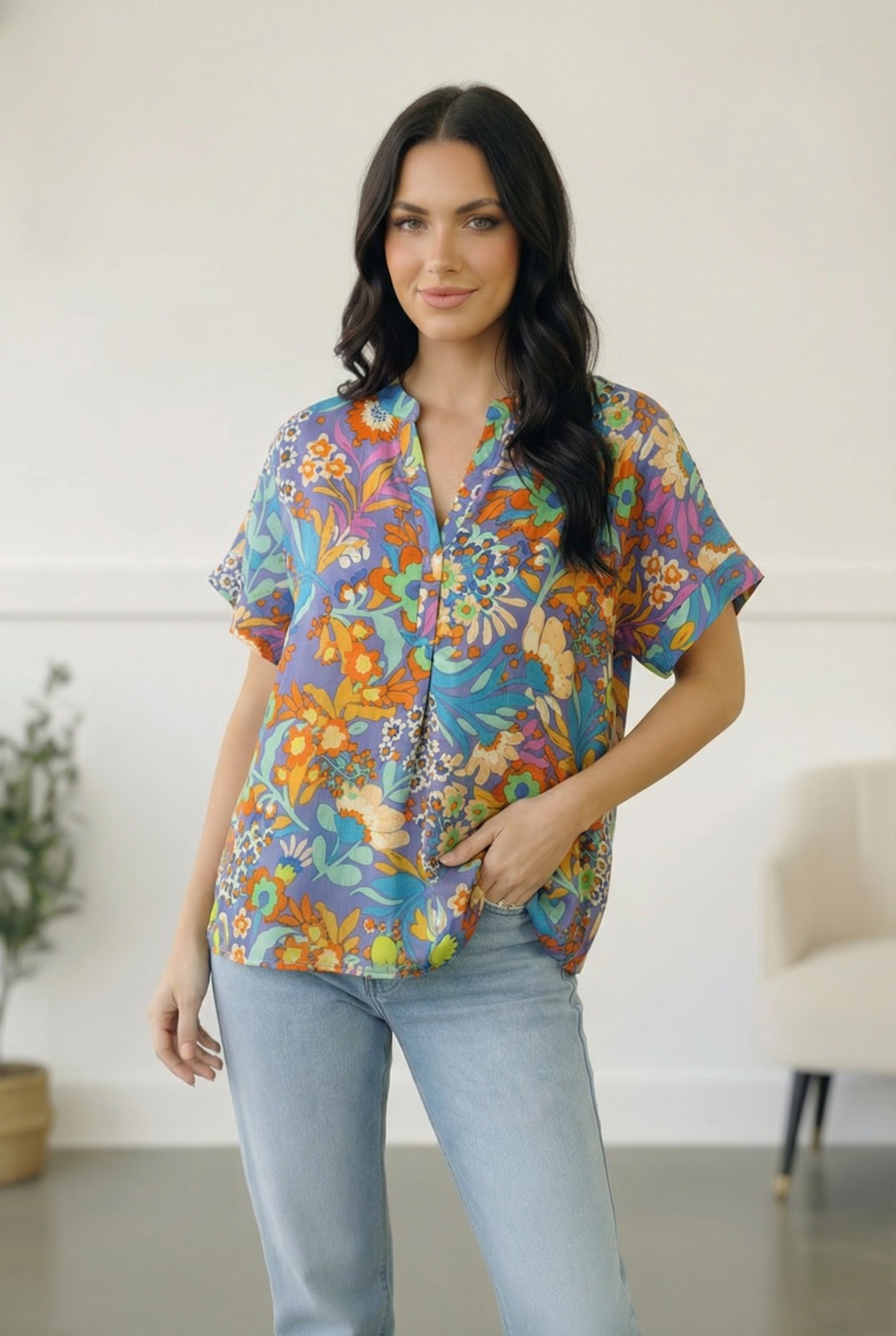 Blue Floral Woven Blouse