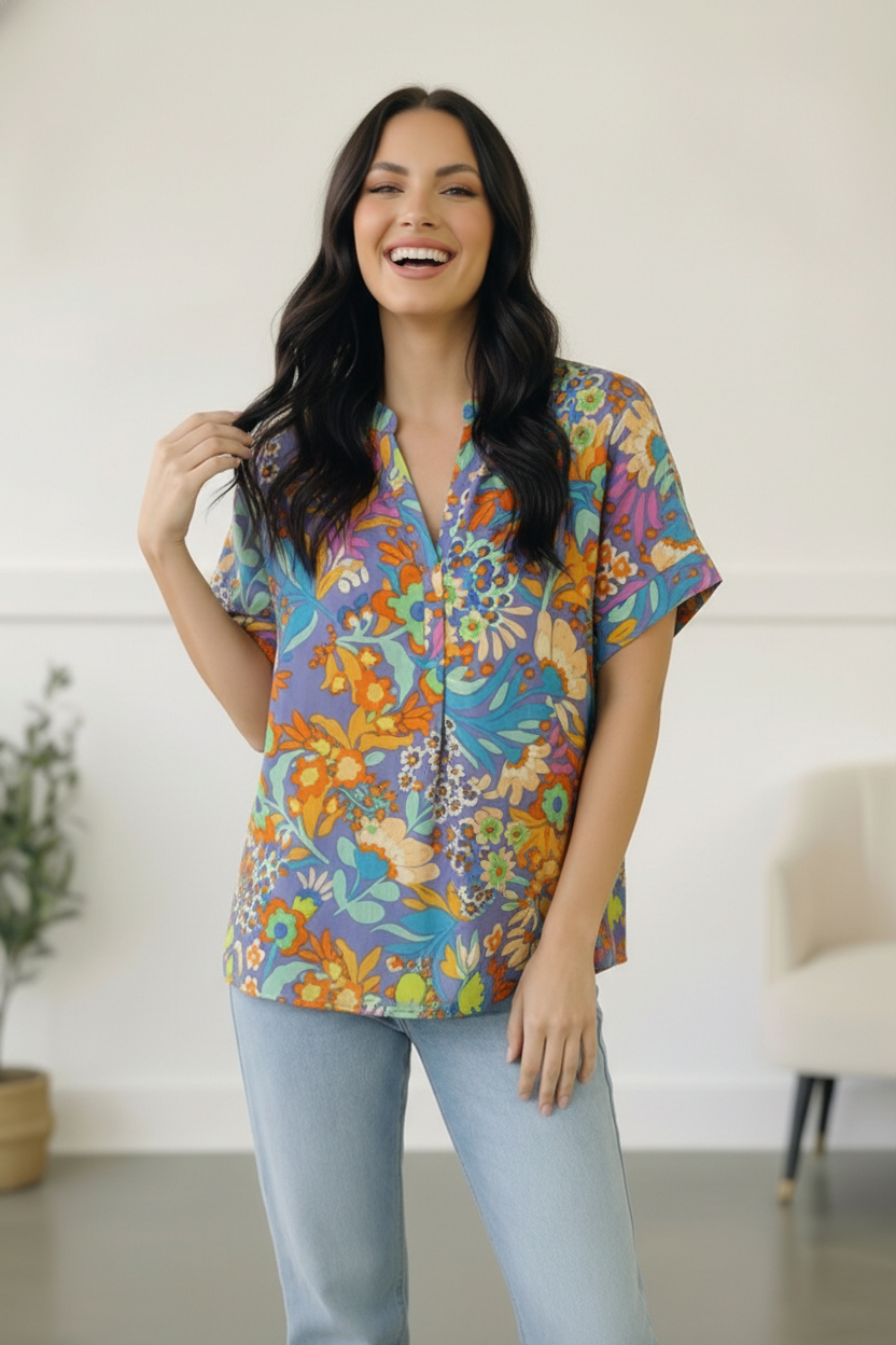 Blue Floral Woven Blouse