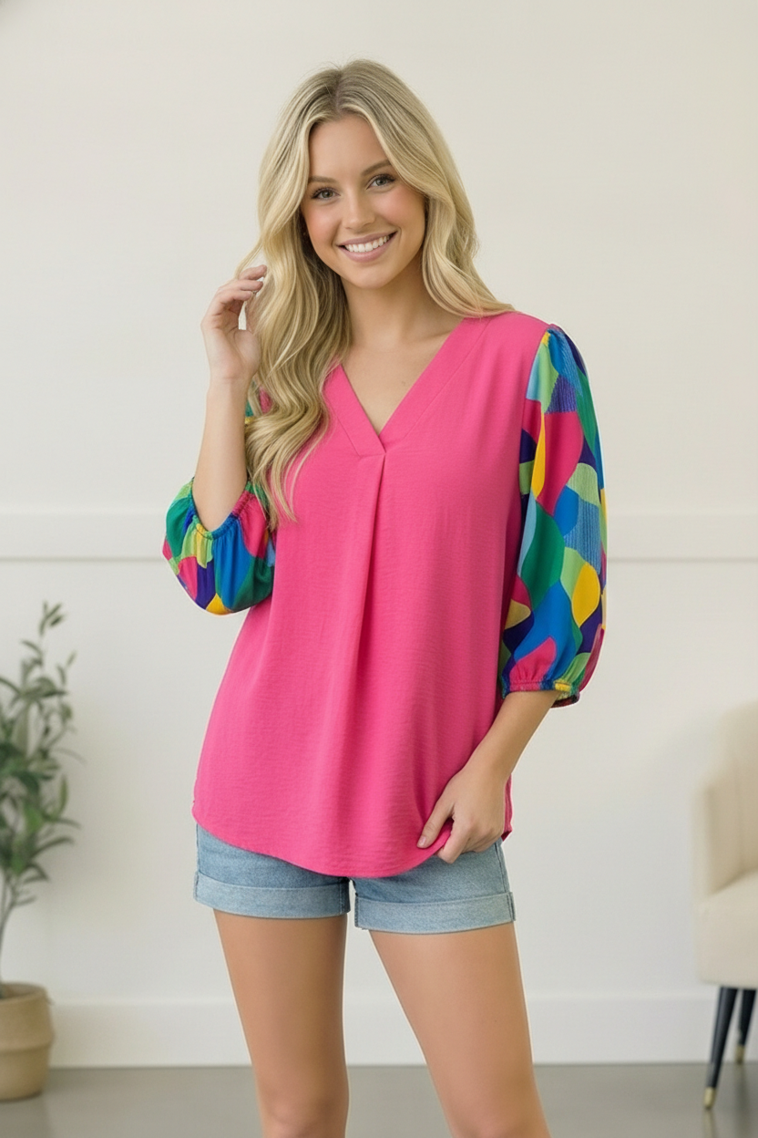 Fuchsia Print Sleeve Blouse